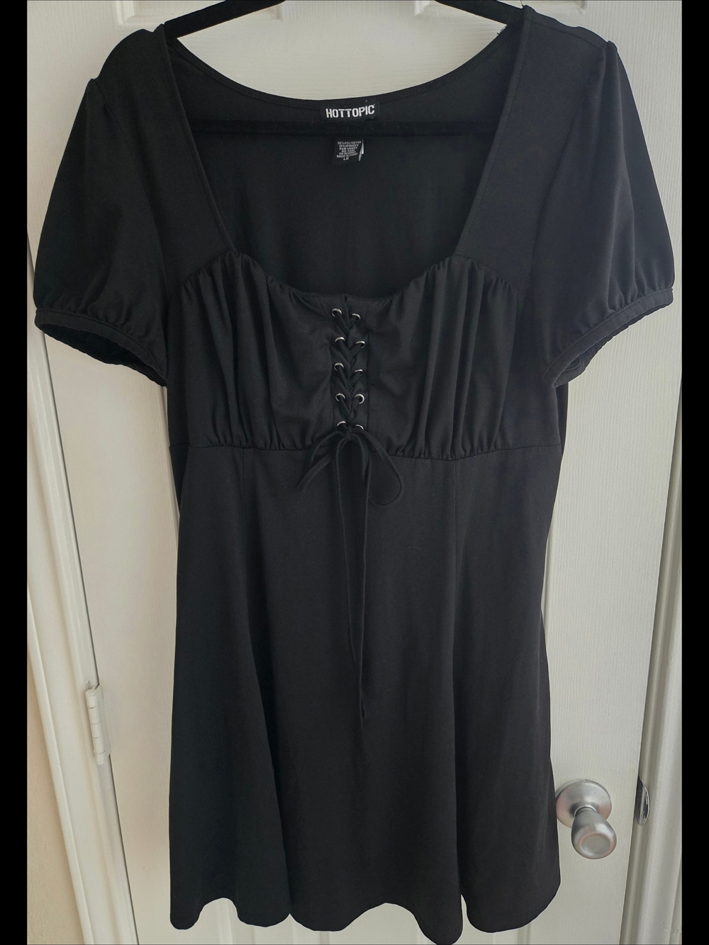 Hot Topic Lace Up Ruche Detail Empire Waist Dress A Line Mini Black Sz Large EUC